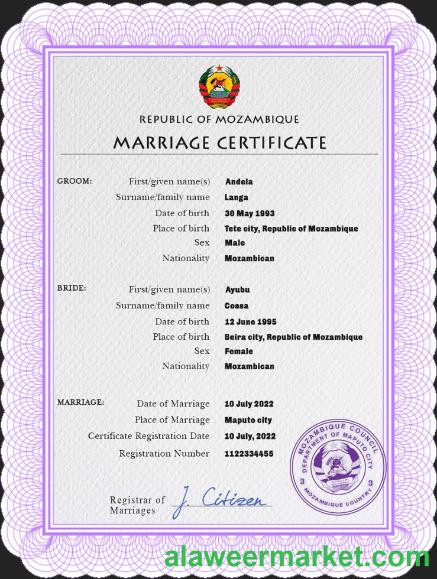 Mozambique marriage certificate PSD template